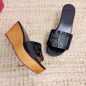 Tory Burch Ines 80mm Wedge Slide Black Silver Calf Leather Wood Sandal 72048 7.5